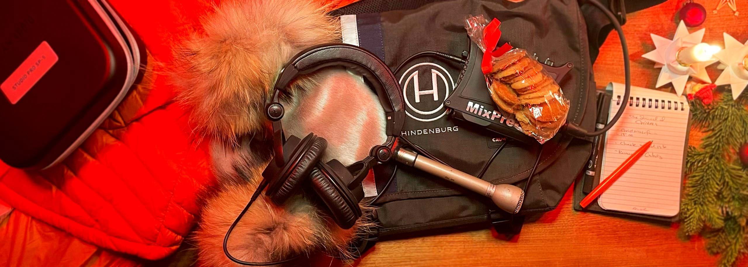 Hindenburg Systems Bag Professional Field Recording Gear and Equipment for Radio and Podcast in Christmas setting Electro-Voice 635A Sound Device MixPre-3 II