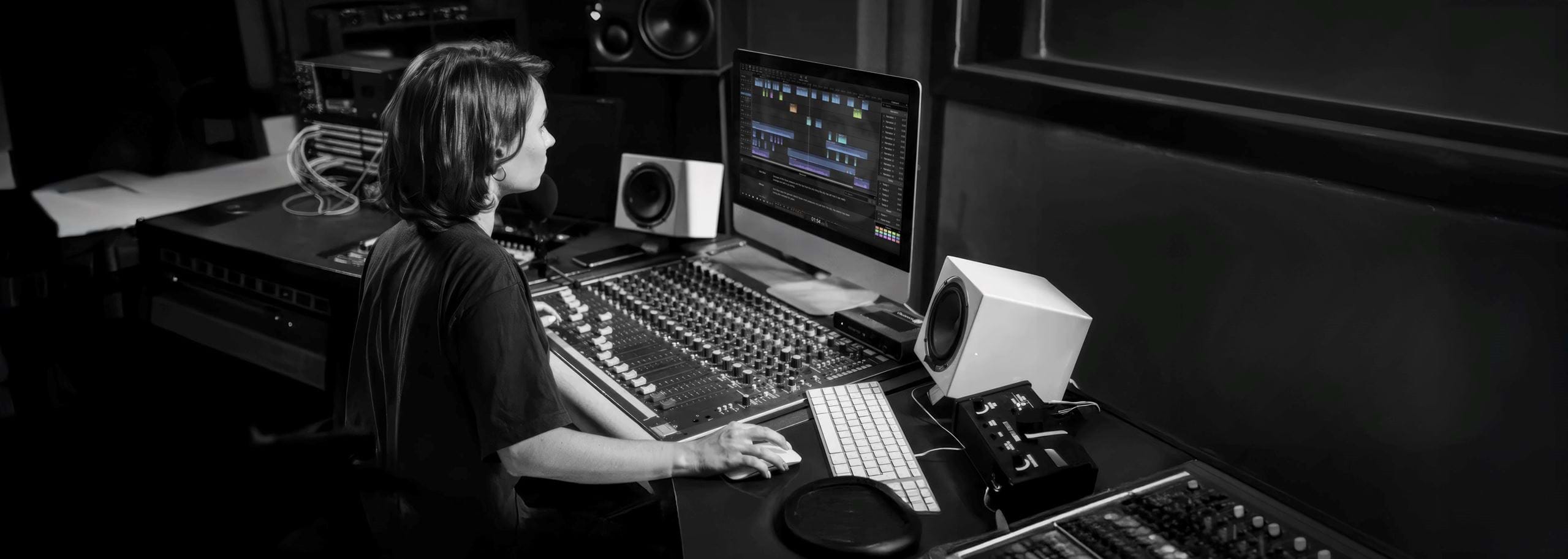 Audio journalist editing an interview using the Hindenburg Pro audio editor in a professional studio. Hindenburg Pro is designed for journalists and audio storytellers, streamlining the editing workflow so the focus stays on narrative and reporting.