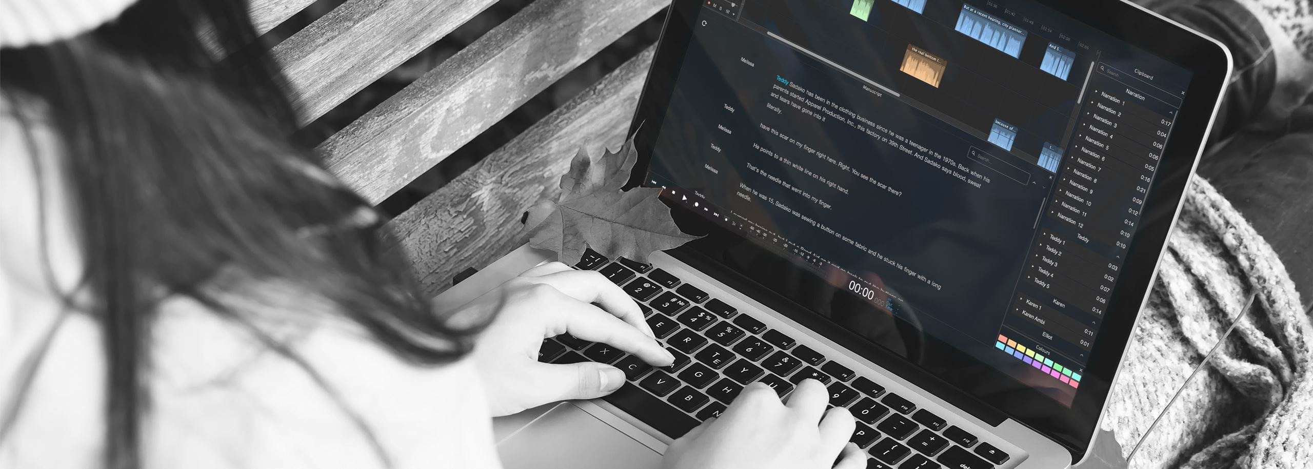 A journalist editing audio offline in Hindenburg Pro while working outdoors. Hindenburg enables professional audio storytelling and editing anywhere in the field, even without internet access.