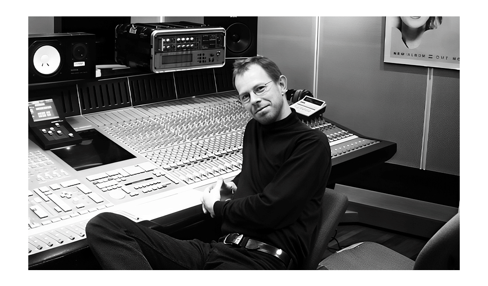 Preben Friis, co-founder of Hindenburg Systems, sitting at a radio mixing console at DR Danish National Broadcast Radio in the early 2000s