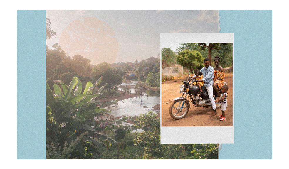 Photo and Collage by Simon Sticker African landscape and African couple on motorbike with kids on African dirt road 