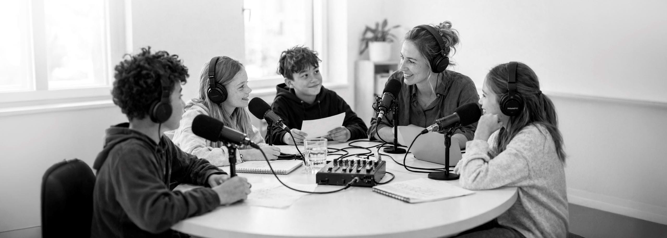 Students working together recording and producing an audio story or podcast in a classroom environment.