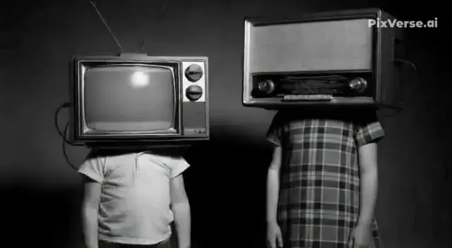 Two children standing side by side, one with a television for a head and the other with a vintage radio, in a black and white setting
