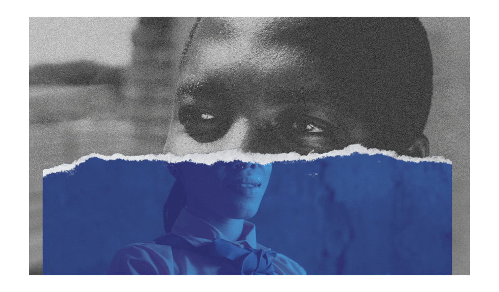 African boy looking to the left. Lower face African girl in duotone smile. Photo and Collage Simon Sticker