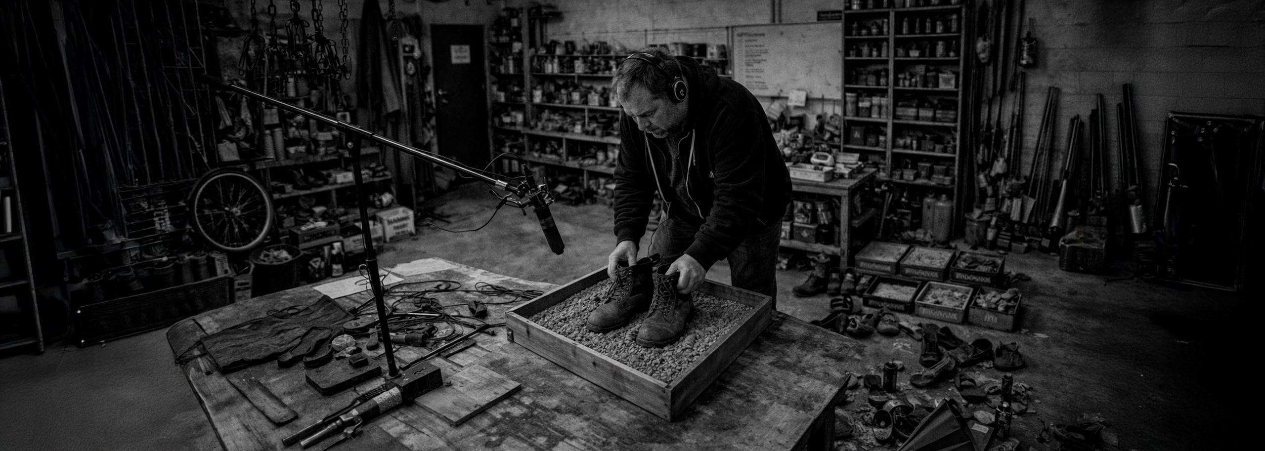 Foley artist recording sound effects using objects and boots on a surface in a workshop with a microphone setup.