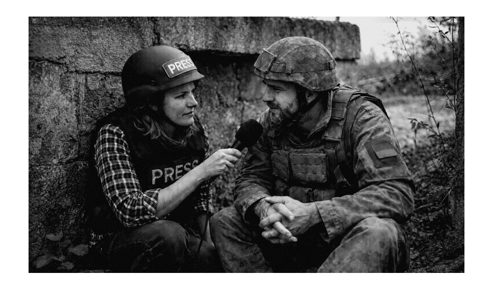 Female war correspondent interviewing a Ukrainian soldier near the front line, illustrating field journalism and the kind of reporting environments where tools like Hindenburg Pro are used to produce audio stories.