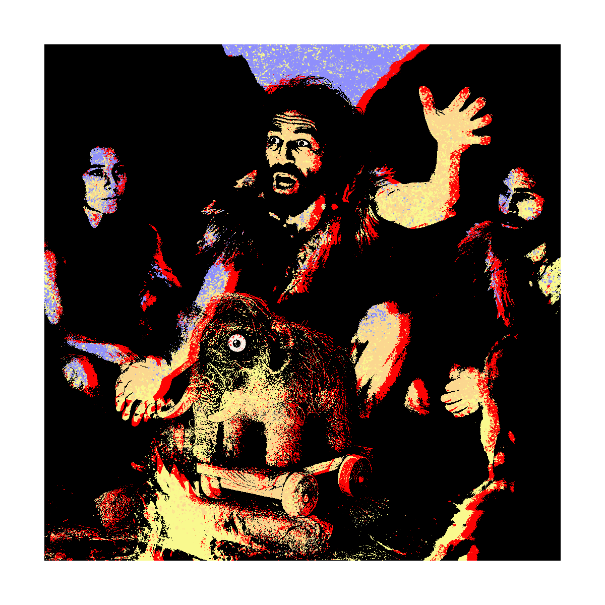 Caveman telling hunting stories by fire to tribe with a toy mammoth nearby