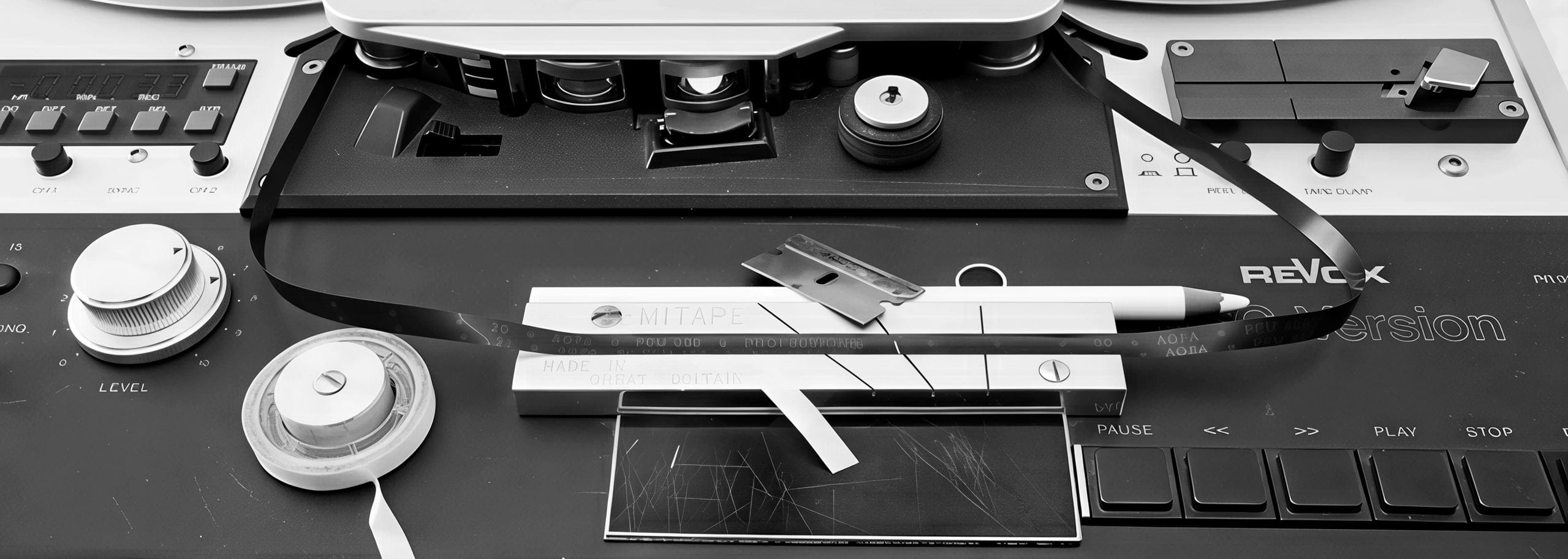 Reel-to-reel tape machine with razor blade and tape used for manual audio editing.
