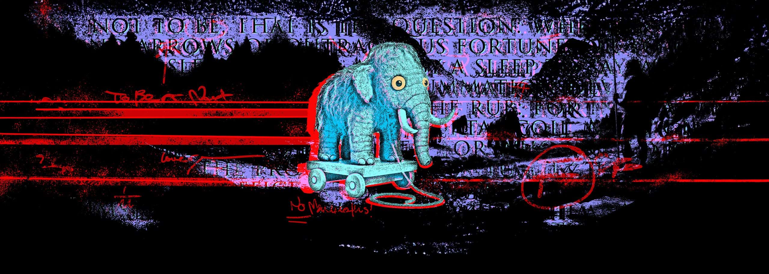 Mammoth plush on wheels with caveman and mammoths in background, red grading lines overlay