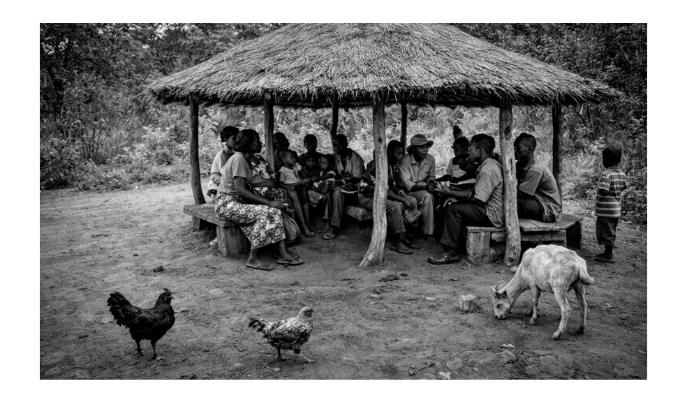 A traditional Nsaka in rural Zambia where community members gather to exchange stories and local knowledge. This form of shared storytelling influenced the philosophy behind Hindenburg.